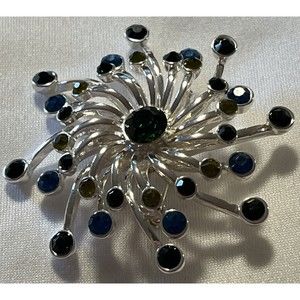 Signed SS 2 Inch Starburst Silver Tone Blue Green Rhinestone Pin Brooch Round